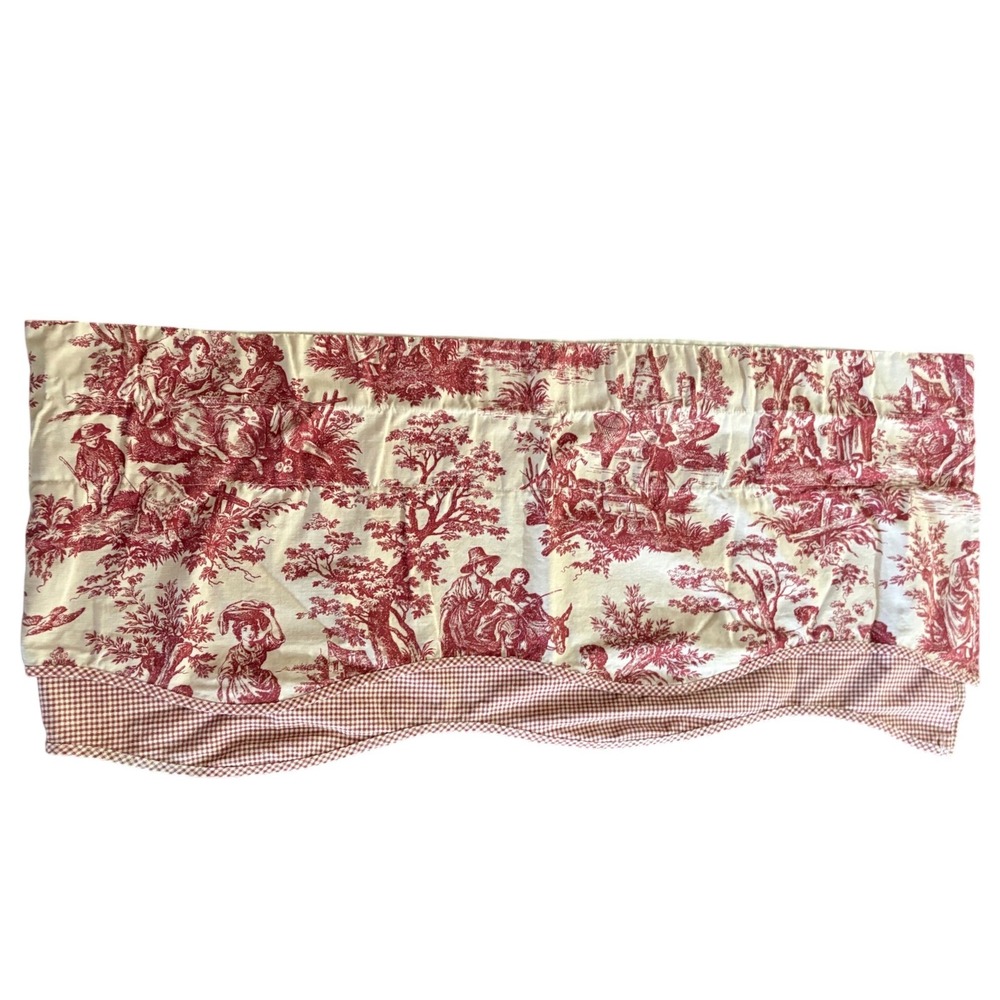 VTG Waverly 3)Valance Window Treatment Red Cream Toile Gingham Scalloped Trim - Picture 2 of 4
